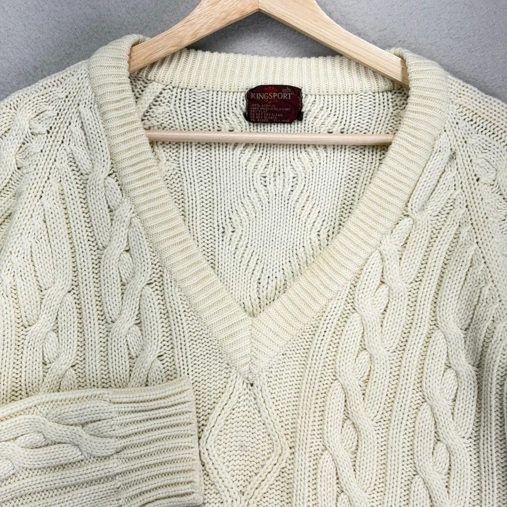 Vintage 80s Kinsport Cricket Sweater sz Large Cream‎ Fisherman V-Neck Cable Knit